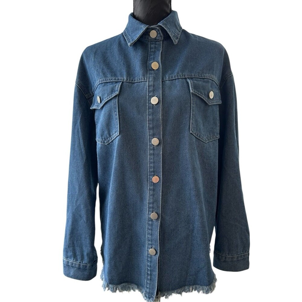 Zeagoo Denim Button-Front Shirt Work Barn Jacket - Frayed Hem - size M